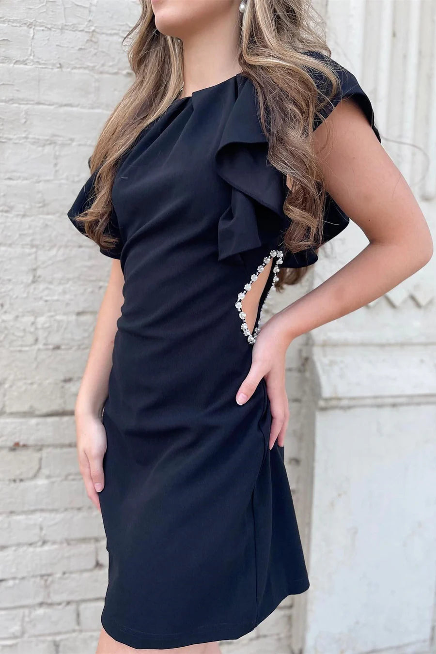 Black Cutout Short Party Dress with Pearls